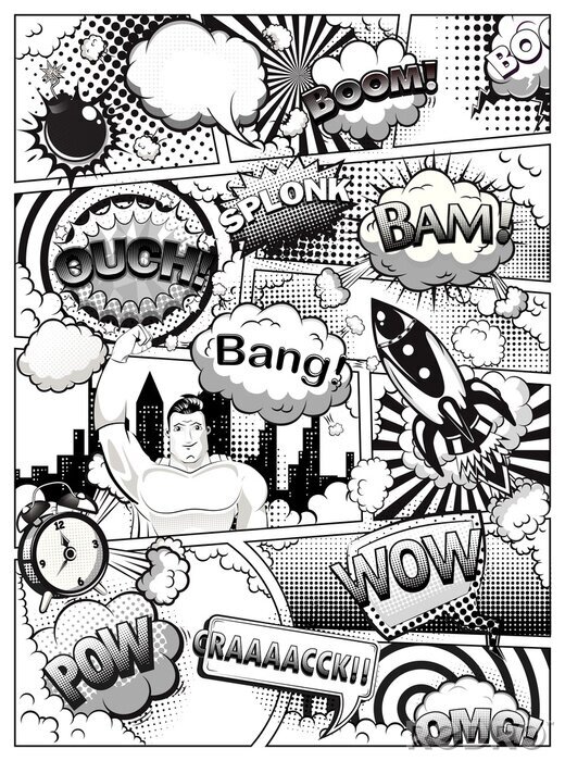 Fototapete Black and white comic book page divided by lines with speech bubbles, rocket, superhero and sounds effect. Illustration