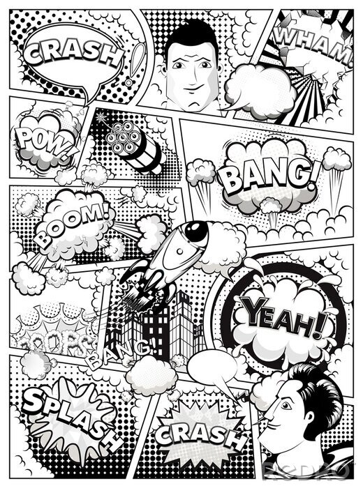 Fototapete Black and white comic book page divided by lines with speech bubbles, rocket, superhero and sounds effect. Illustration