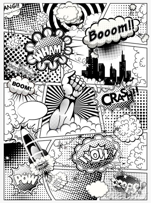 Fototapete Black and white comic book page divided by lines with speech bubbles, rocket, superhero hand and sounds effect. Illustration