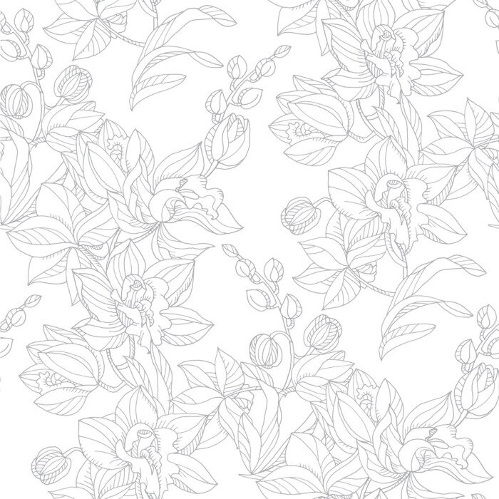 Fototapete Black and white orchid floral seamless pattern