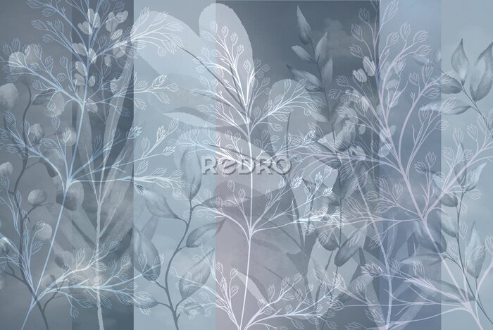 Fototapete Blätter auf einem Geometrischen Hintergrund in Grau und Blau