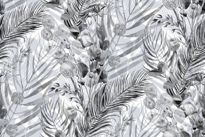 Fototapete Blätter von Bäumen und Gras in Grau