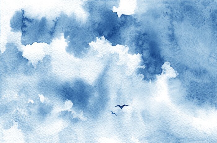 Fototapete Blaue Aquarellwolke, Vögel und Himmel. Frühling, Sommer Hintergrund.