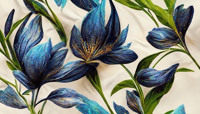 Fototapete Blaue Blumen auf beigem Hintergrund