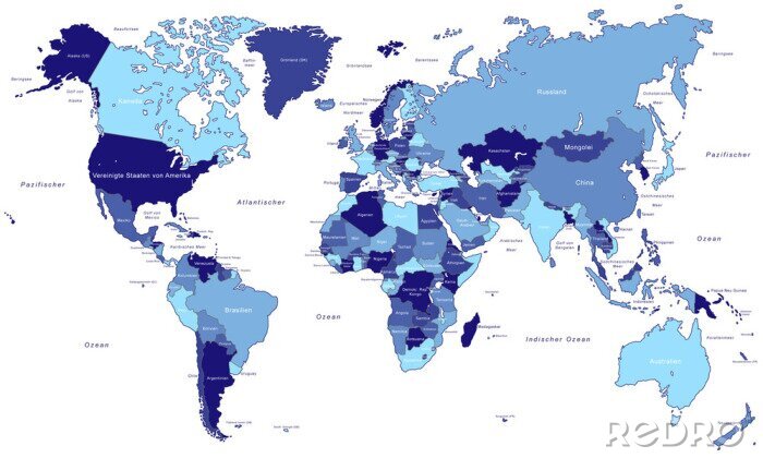 Fototapete Blaue Länder auf Weltkarte