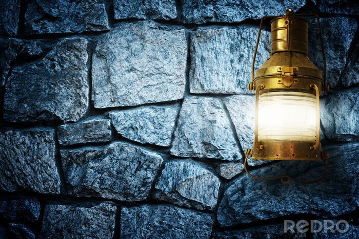Fototapete Blaue Steinmauer mit Lampe