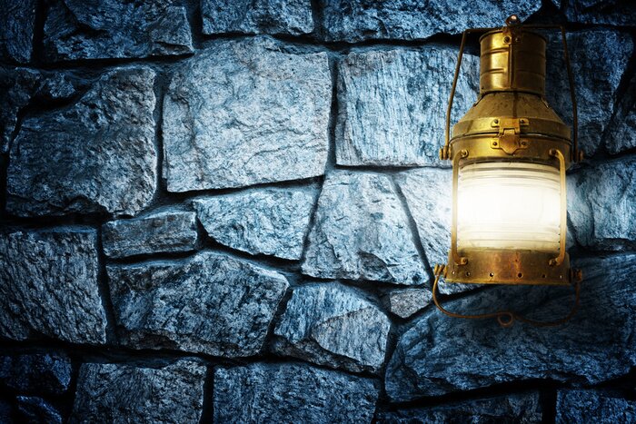 Fototapete Blaue Steinmauer mit Lampe