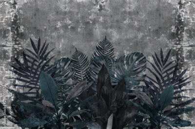 Fototapete Blaue tropische Blätter auf Betonhintergrund