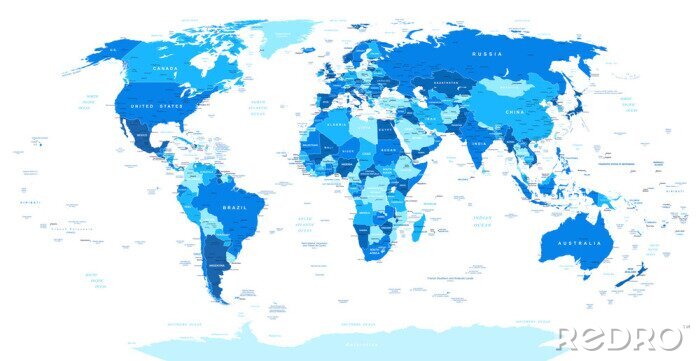 Fototapete Blaue Weltkarte mit Aufschriften