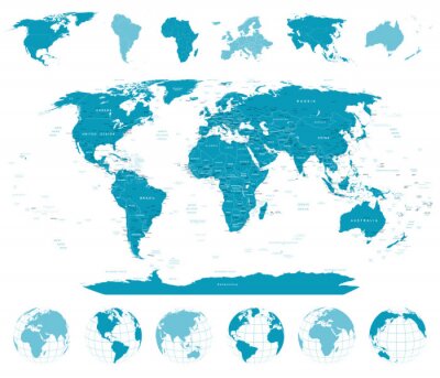 Fototapete Blaue Weltkarte mit Globen