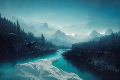 Fototapete Blauer Fluss in den Bergen des verschneiten Winters