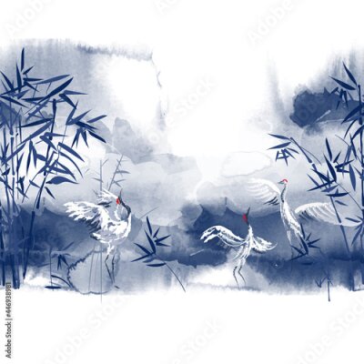 Fototapete Blauer Hintergrund tanzender Kraniche