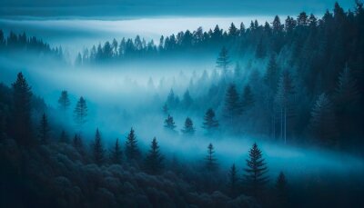 Fototapete Blauer Nebel über dem Wald