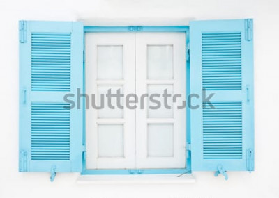Fototapete Blaues fenster auf weißer wand