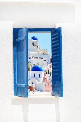 Fototapete Blaues Fenster mit Blick auf Santorin