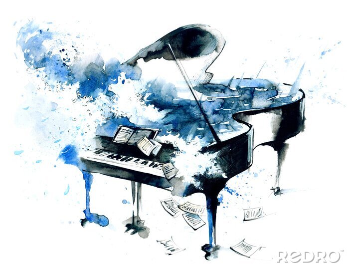 Fototapete Blaues Klavier gemalt mit Aquarell