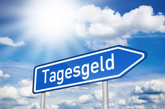 Fototapete Blaues Schild mit Tagesgeld und Sonne