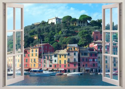 Fototapete Blick auf die italienischen Stadthäuser von Portofino aus dem Fenster