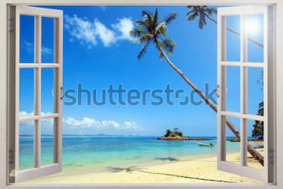 Fototapete Blick auf einen tropischen Strand aus einem offenen Fenster