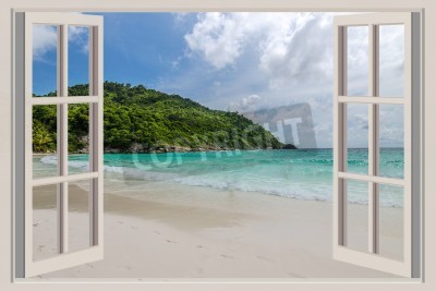 Fototapete Blick aus dem Fenster auf Strand und Meer