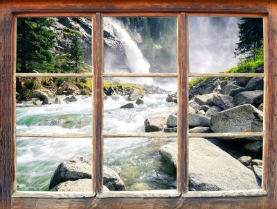 Fototapete Blick aus einem Fenster auf einen reißenden Fluss und einen Wasserfall