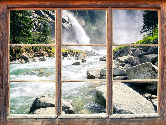 Fototapete Blick aus einem Fenster auf einen reißenden Fluss und einen Wasserfall