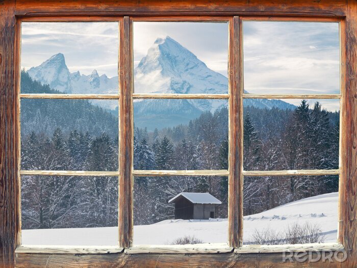 Fototapete Blick aus Fenster auf den Schnee