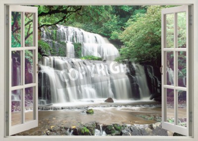 Fototapete Blick durch ein Fenster auf einen Wasserfall