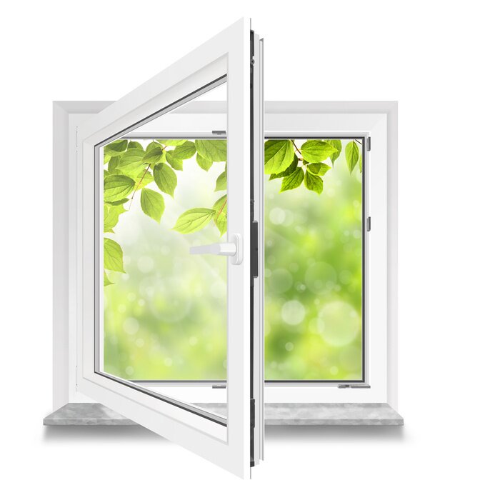 Fototapete Blick durch ein weißes Fenster auf Blätter