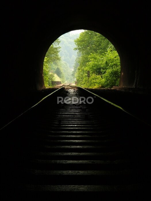 Fototapete Blick in alte Eisenbahntunnel, rostigen Schienen und Schwellen geölt.