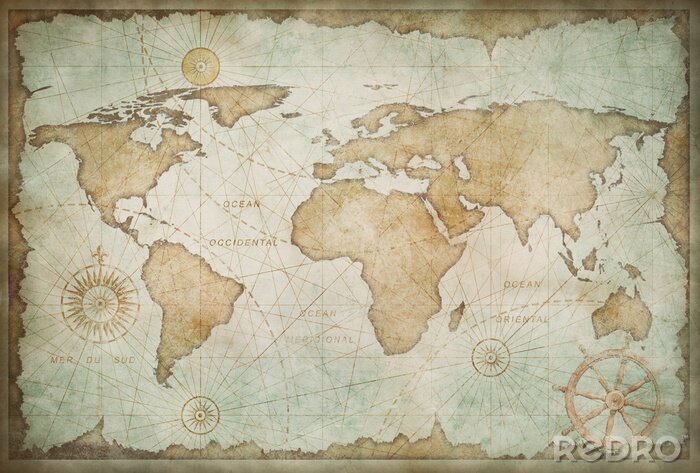 Fototapete Blue worn vintage world map illustration