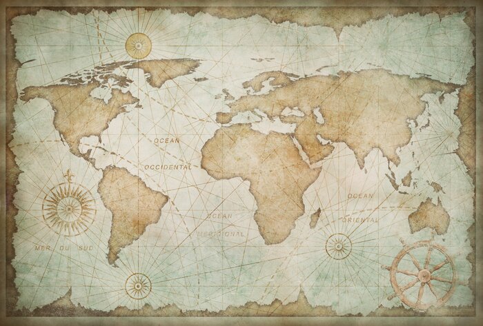 Fototapete Blue worn vintage world map illustration