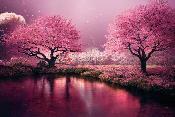Fototapete Blühende Kirschbäume in einem rosa Garten