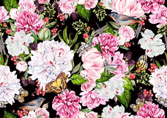 Fototapete Blühende Pfingstrosen und Schmetterlinge