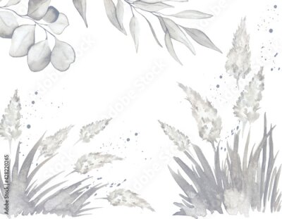 Fototapete Blühendes Pampasgras und Blätter im Aquarellstil