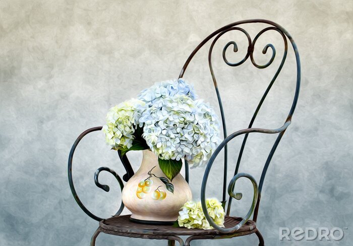Fototapete Blumen Hortensien und Stuhl