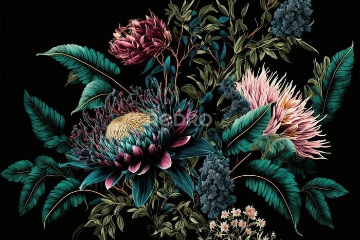 Fototapete Blumen in einer eleganten Komposition auf dunklem Hintergrund