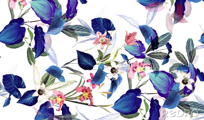 Fototapete Blumen mit blauen Blättern