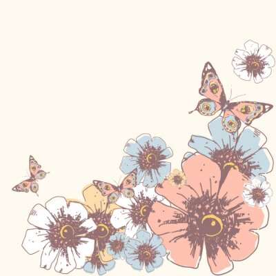 Fototapete Blumen und Schmetterlinge auf beige Hintergrund