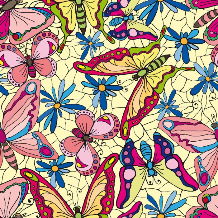 Fototapete Blumen und Schmetterlinge auf gelbem Hintergrund