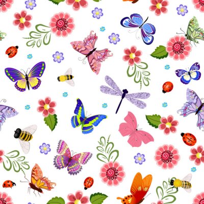Fototapete Blumen und Schmetterlinge bunte