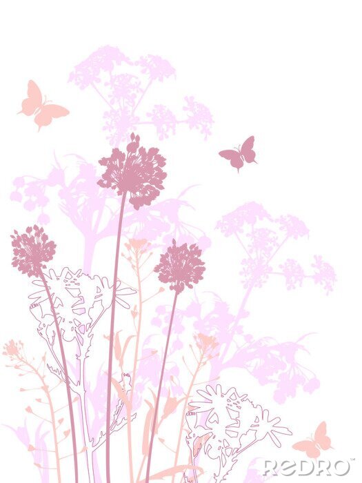 Fototapete Blumen und Schmetterlinge in Rosatönen