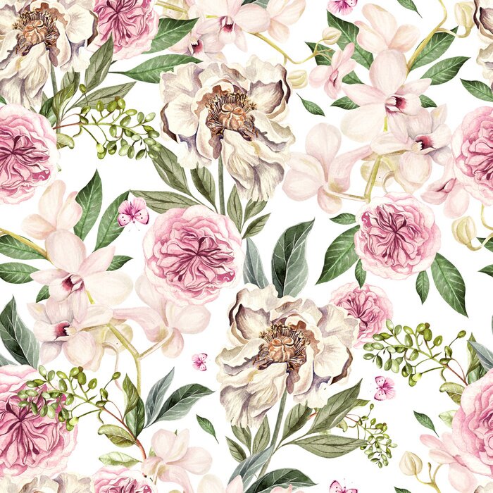 Fototapete Blumenarrangement mit Pfingstrosen und Blättern