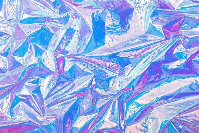 Fototapete Blurred abstract Modern pastel colored holographic background in 80s style. Crumpled iridescent foil real texture. Synthwave. Vaporwave style. Retrowave, retro futurism, webpunk