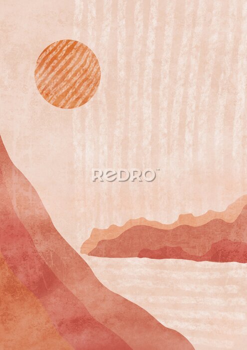 Fototapete Boho Print. Abstract Clifs with Sea Background. Terracotta Poster. Abstract Arrangements. Landscapes, mountains. Posters. Terracotta, blush, pink, ivory, beige watercolor Modern print set. Wall art