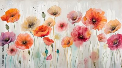 Fototapete Boho style poppies painted in watercolor