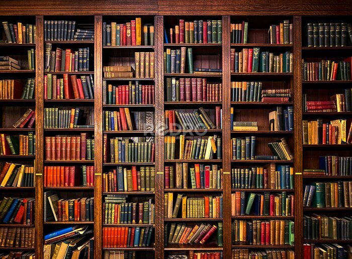 Fototapete Books on Shelves in Library with Classic Dark Wood