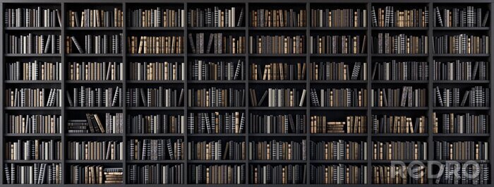 Fototapete Bookshelves in the library with old books 3d render 3d illustration