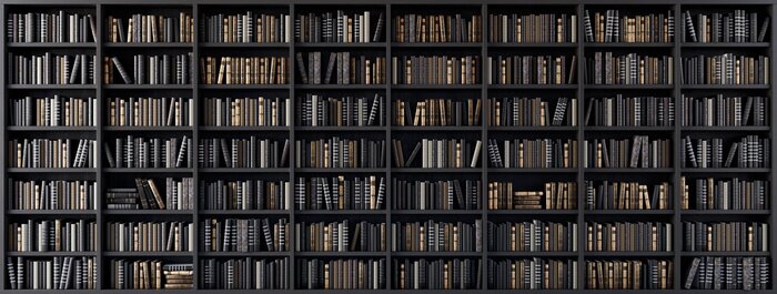 Fototapete Bookshelves in the library with old books 3d render 3d illustration