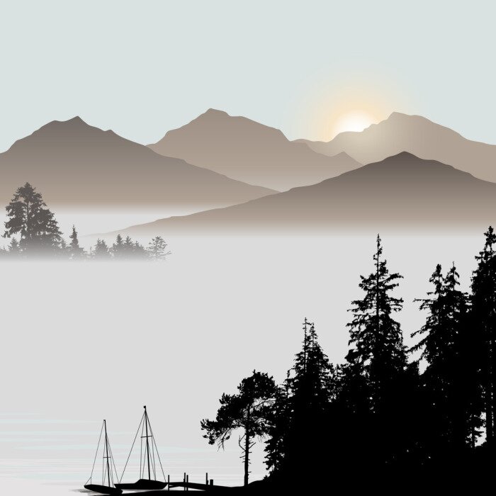 Fototapete Boote und wald mit bergen im hintergrund